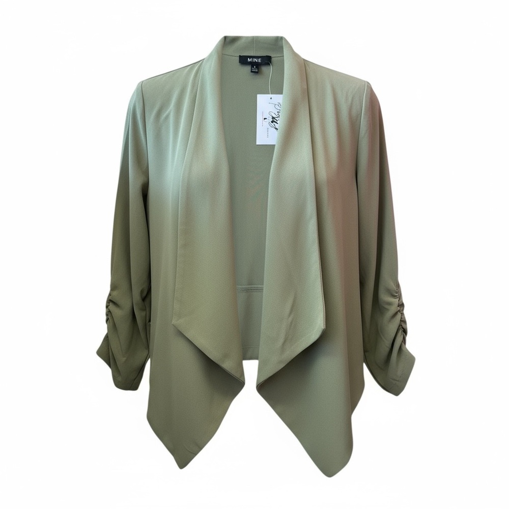 Olive Ruched Sleeve Blazer – Open Front Lightweight Layer-Medium